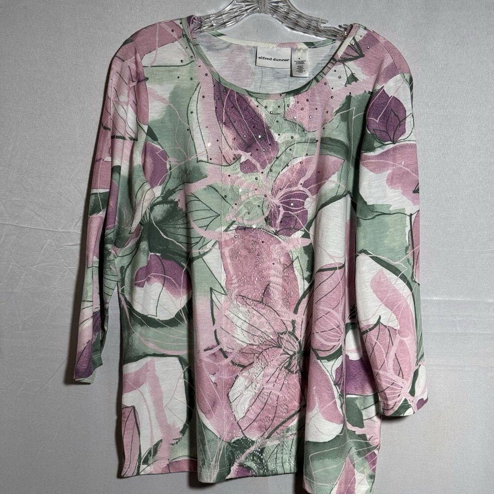 Alfred Dunner S Pink Green Floral Embellished Rhinestone 3/4 Sleeve Top